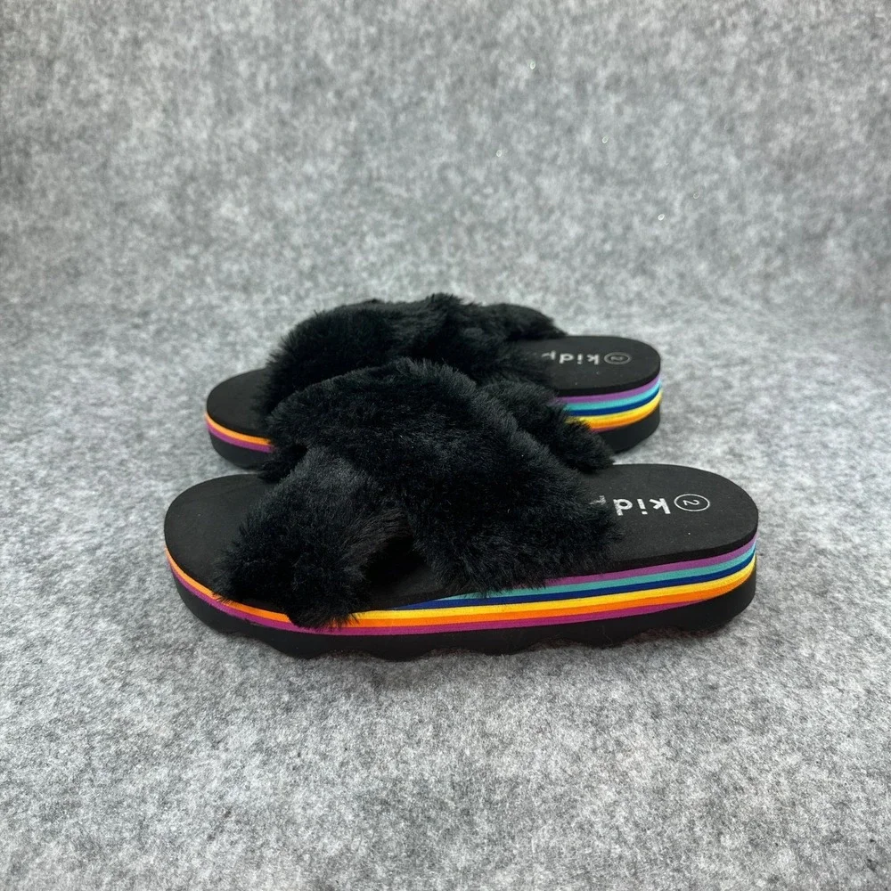 Kidpik Girls Size 2 Black Faux Fur Slide Sandals Platform Slip On Slides